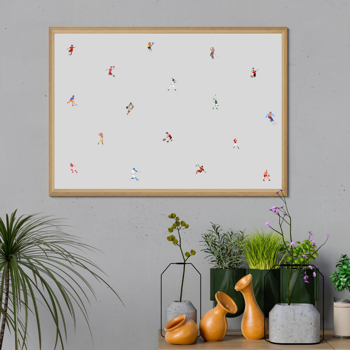 Tiny Male Sports Players Print Retro Minimalist People Art