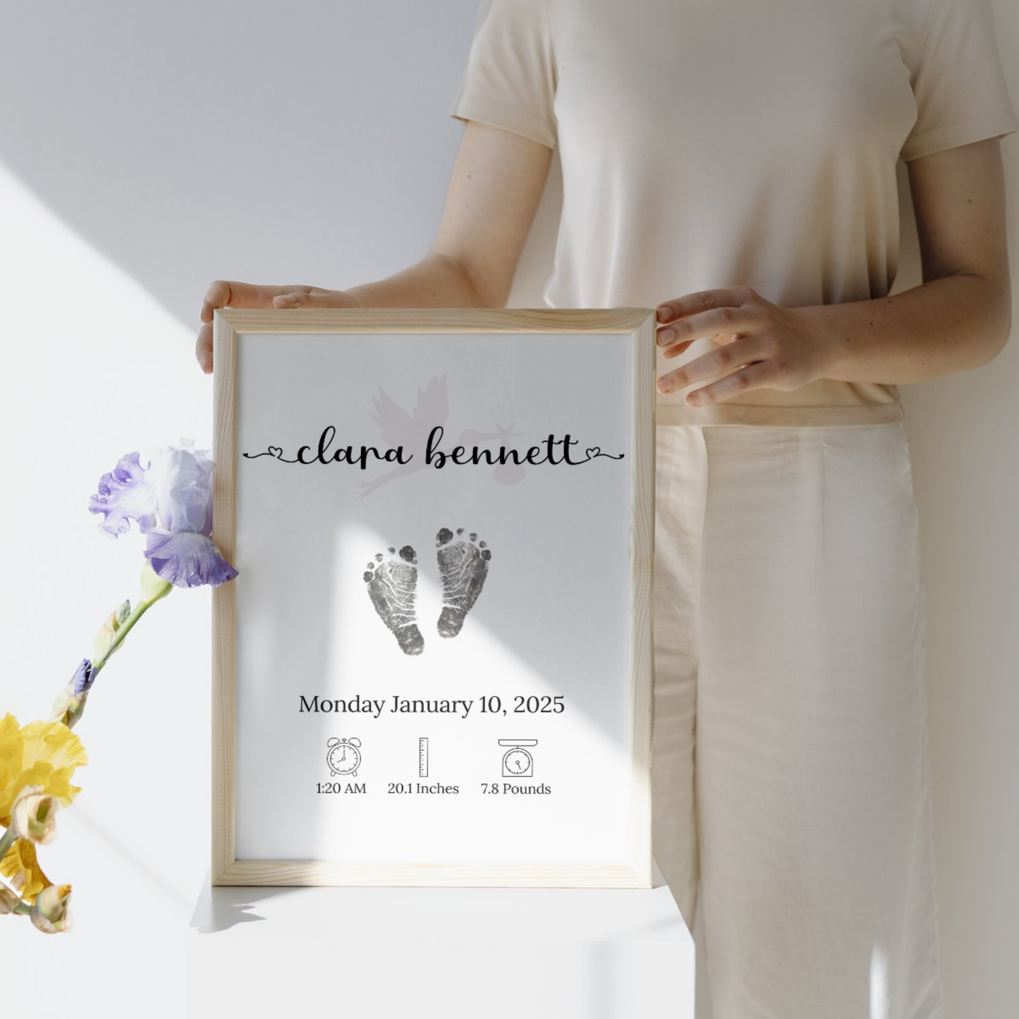 Personalized Baby Birth Announcement Printable, Newborn Footprint DIY Nursery Wall Art