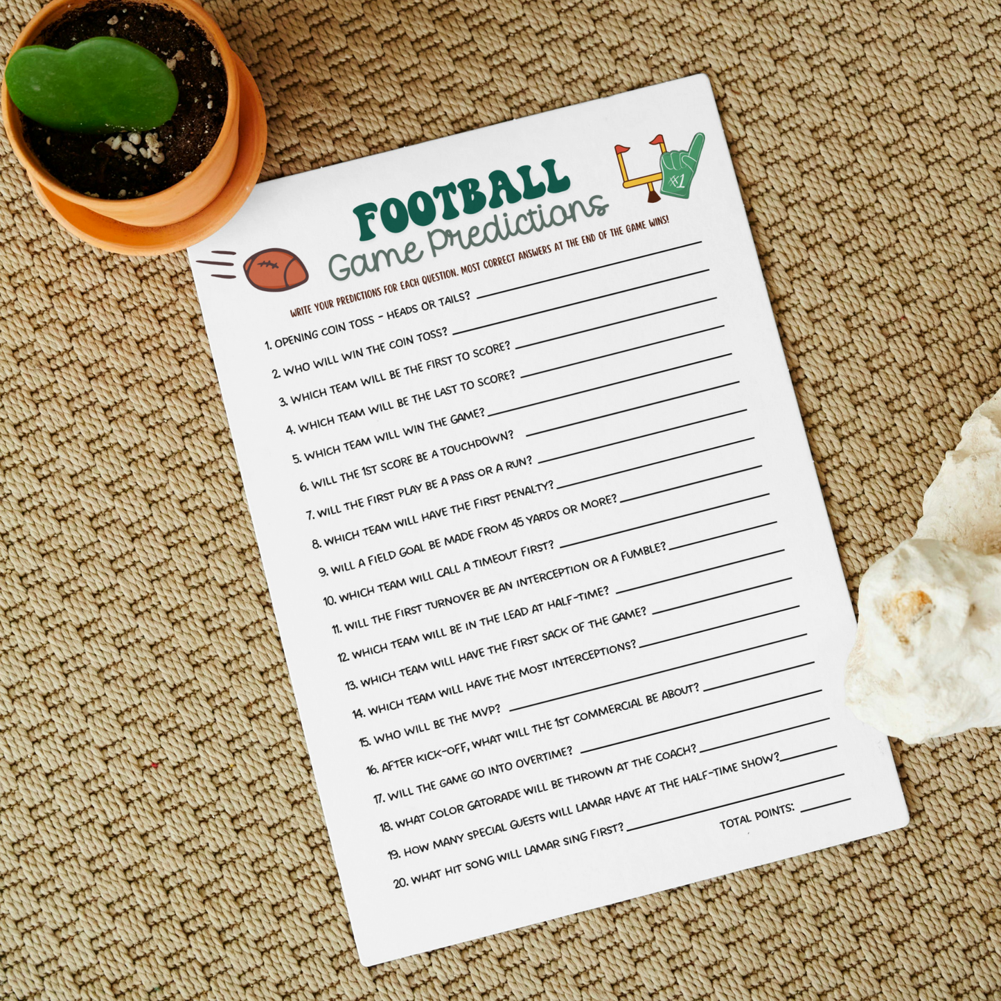 2025 Super Bowl Sunday Predictions 59 Game Printable, Football Party Tailgate Activity, Fantasy Football for Adults Kids Watch Party Betting Pool