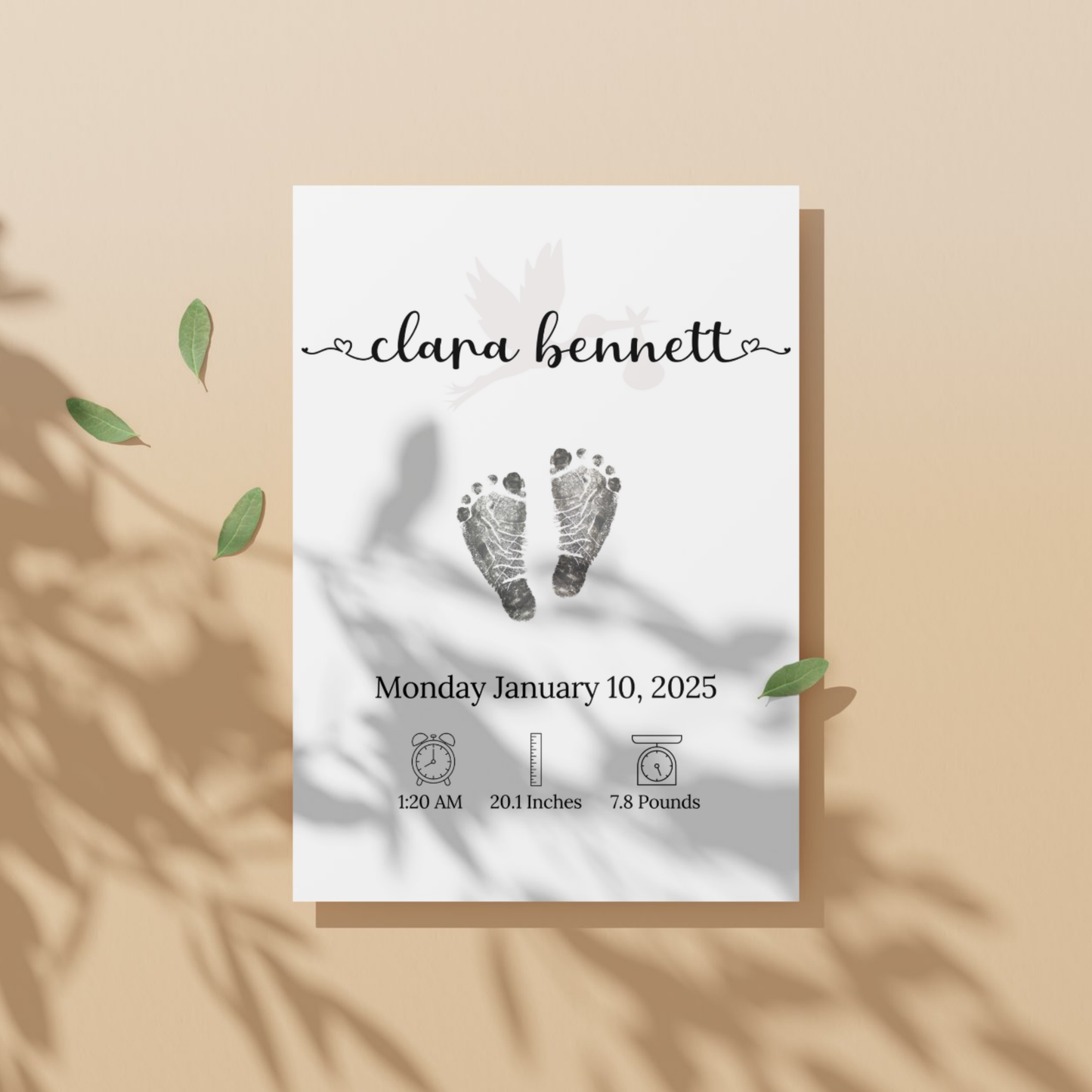 Personalized Baby Birth Announcement Printable, Newborn Footprint DIY Nursery Wall Art