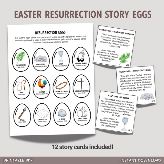Easter Story Resurrection Eggs Printable For Kids, Holy Week Cards Scavenger Hunt