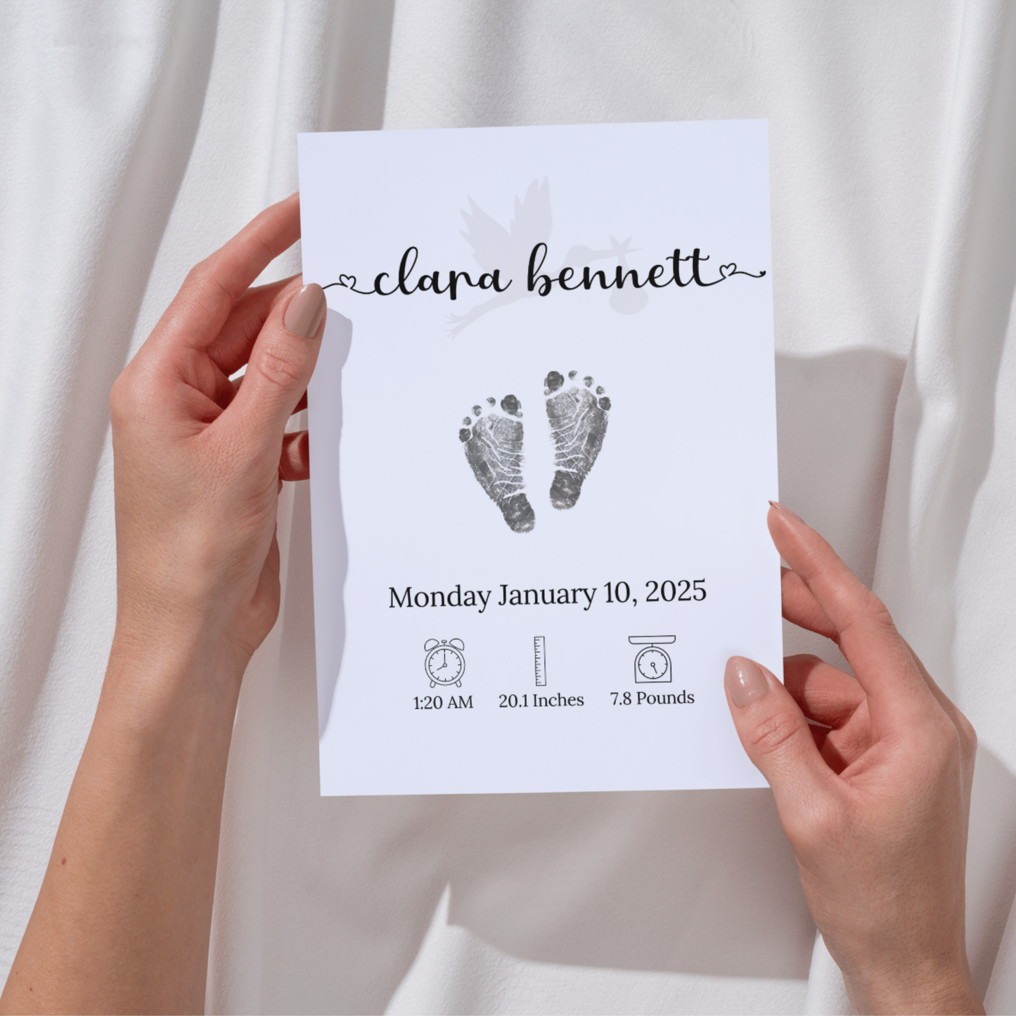 Personalized Baby Birth Announcement Printable, Newborn Footprint DIY Nursery Wall Art
