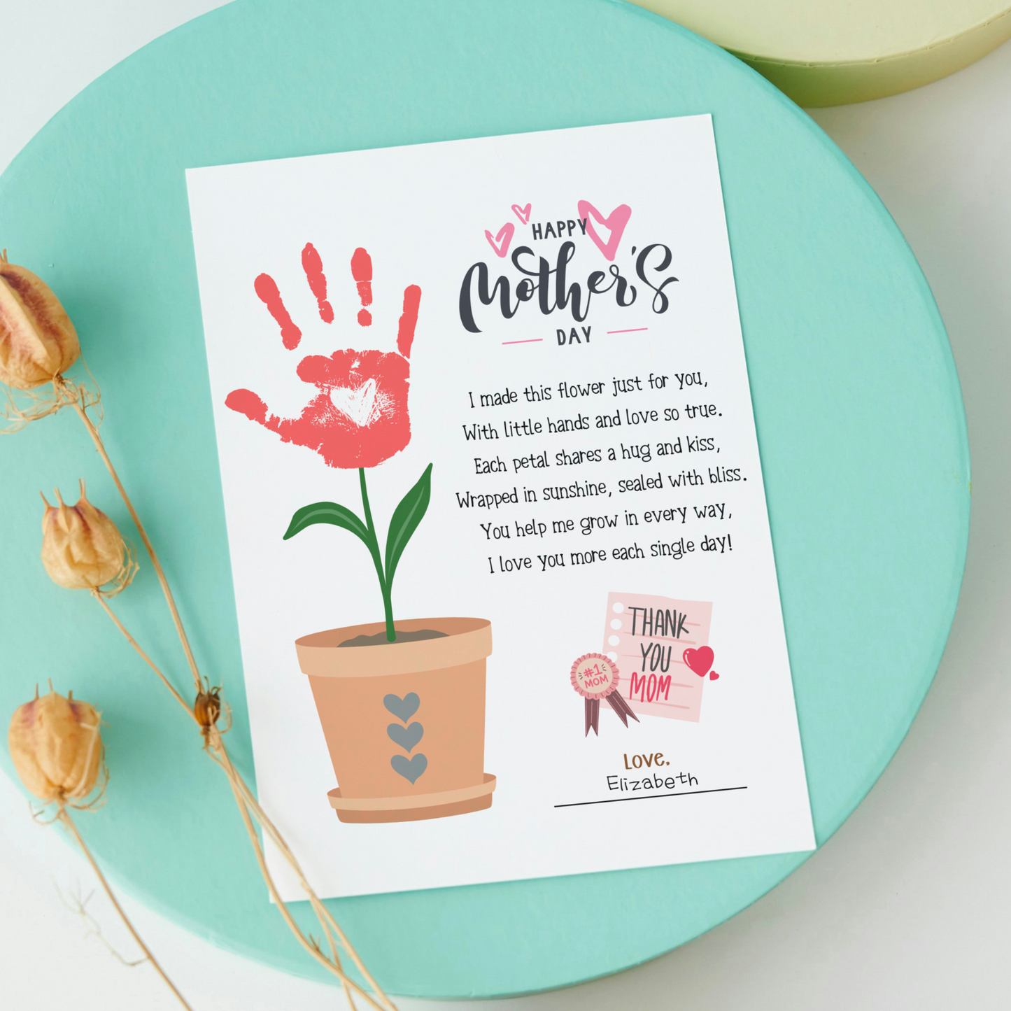 Mothers Day Handprint Flower Poem Craft for Kids Printable, Card Art Keepsake