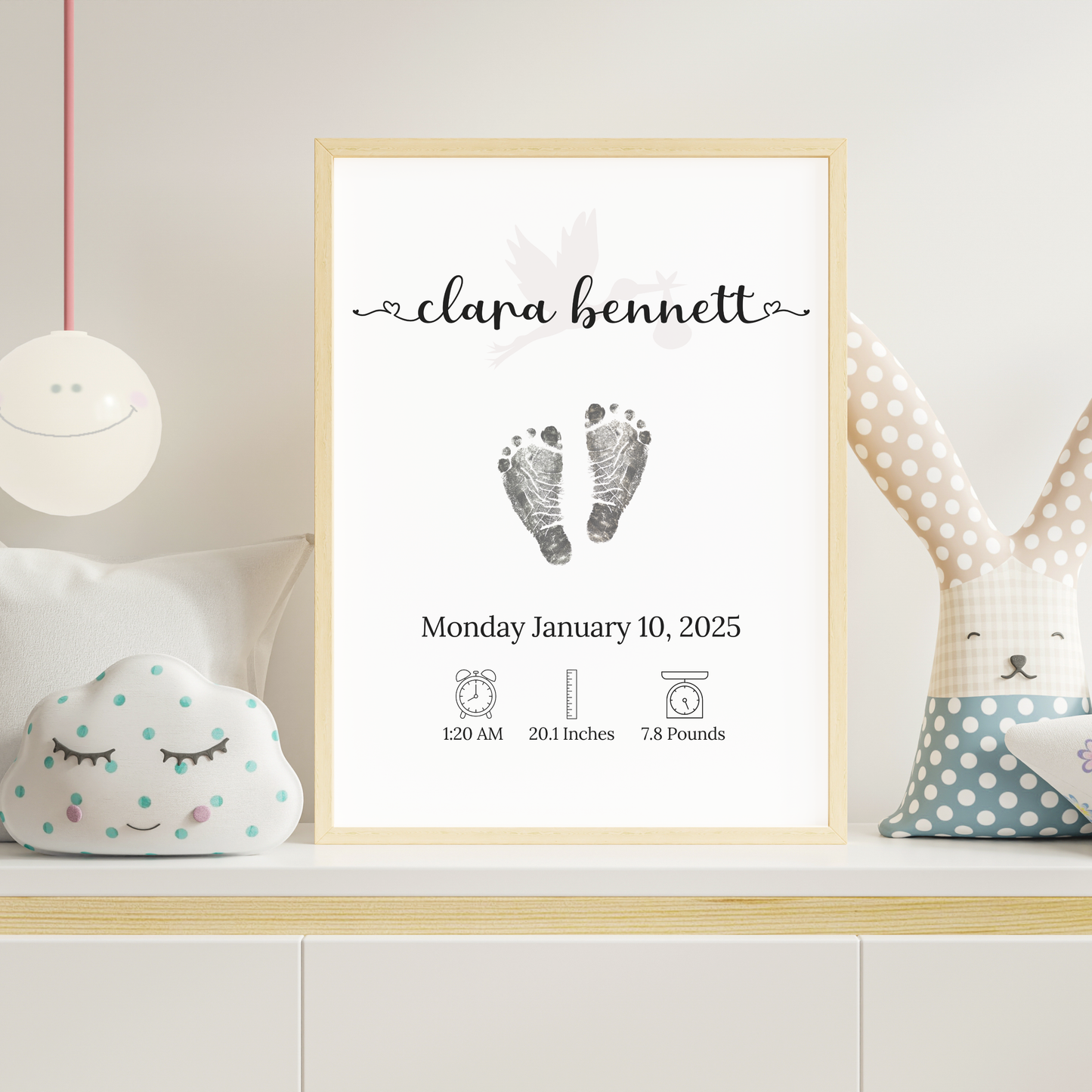 Personalized Baby Birth Announcement Printable, Newborn Footprint DIY Nursery Wall Art