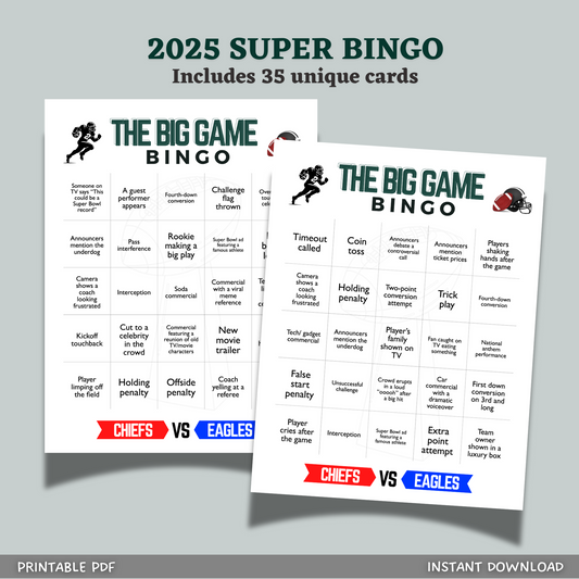 2025 Big Game Football Bingo Printable Super Bowl Sunday Watch Party