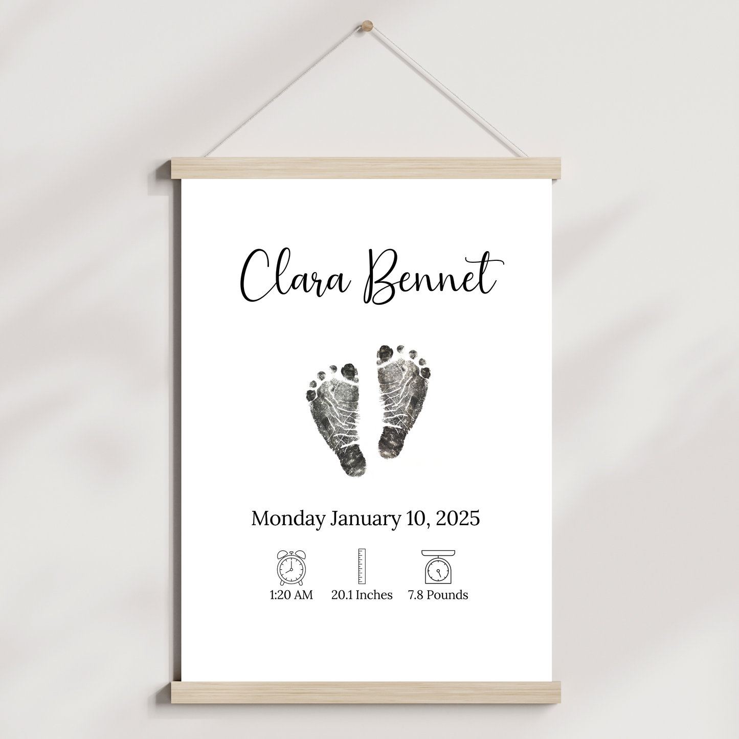 Personalized Baby Birth Announcement Printable, Newborn Footprint DIY Nursery Wall Art