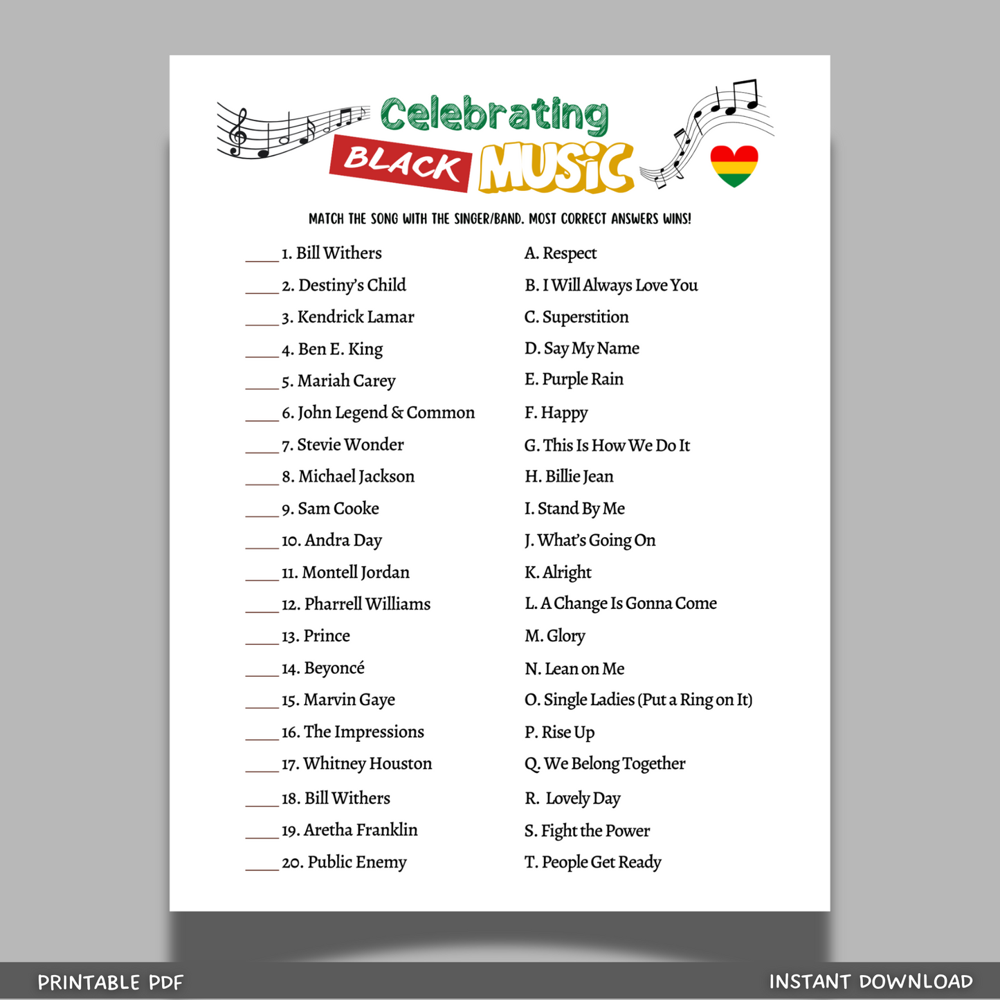 Black History Month Music Trivia Game Printable African American Party Activity