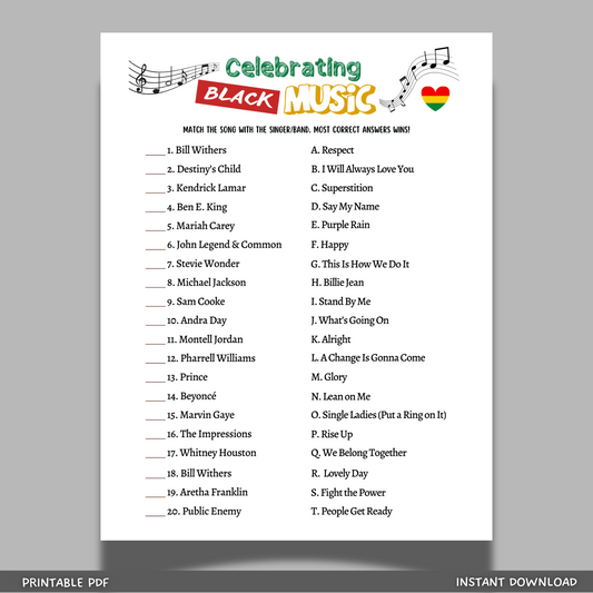 Black History Month Music Trivia Game Printable African American Party Activity