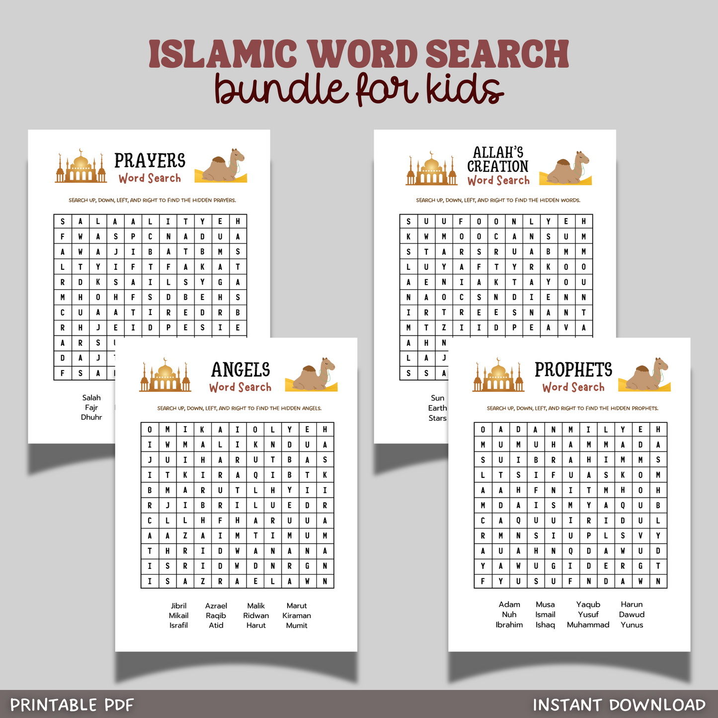 Islamic Word Search Printable Activity for Kids, Educational Games Wordsearch Sheets Angels Prophets Prayer Ramadan Eid Gift Ideas Children