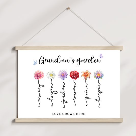 Personalized Grandma's Garden Printable, Custom Birth Month Flower Name Wall Art Gift