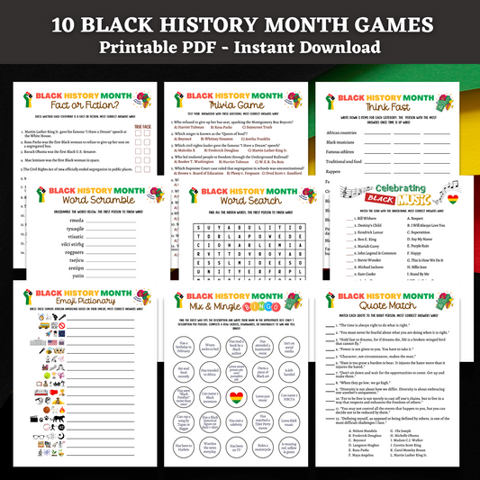 Black History Month Games Printable, African American Party Activity