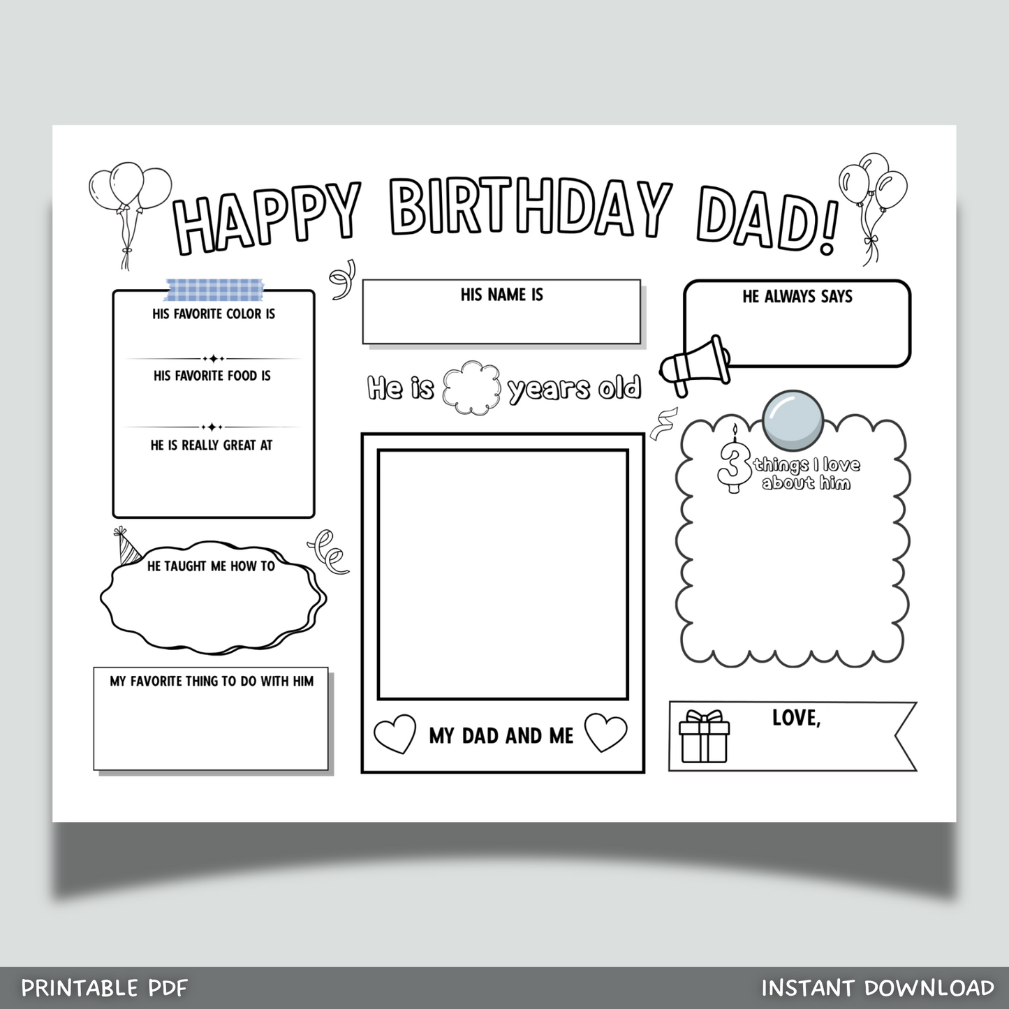 Happy Birthday Dad Coloring Page Printable, DIY Personalized Gift from Kids All About Daddy Card Placemat Activity Sheet Father