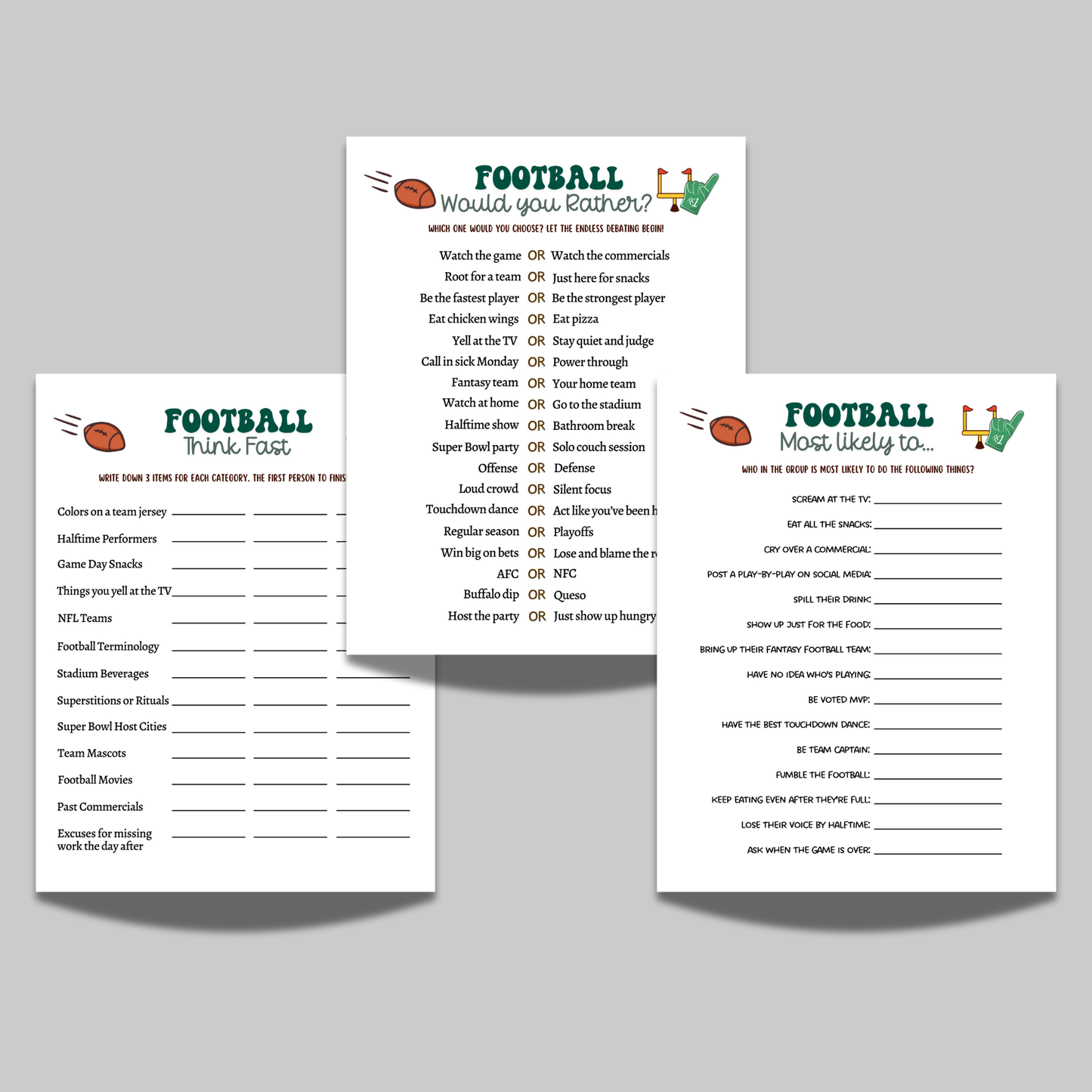 Football Party Games, 2025 The Big Game Super Sunday Activity for Kids & Adults, Tailgate Family Group Fantasy Activities Digital Download