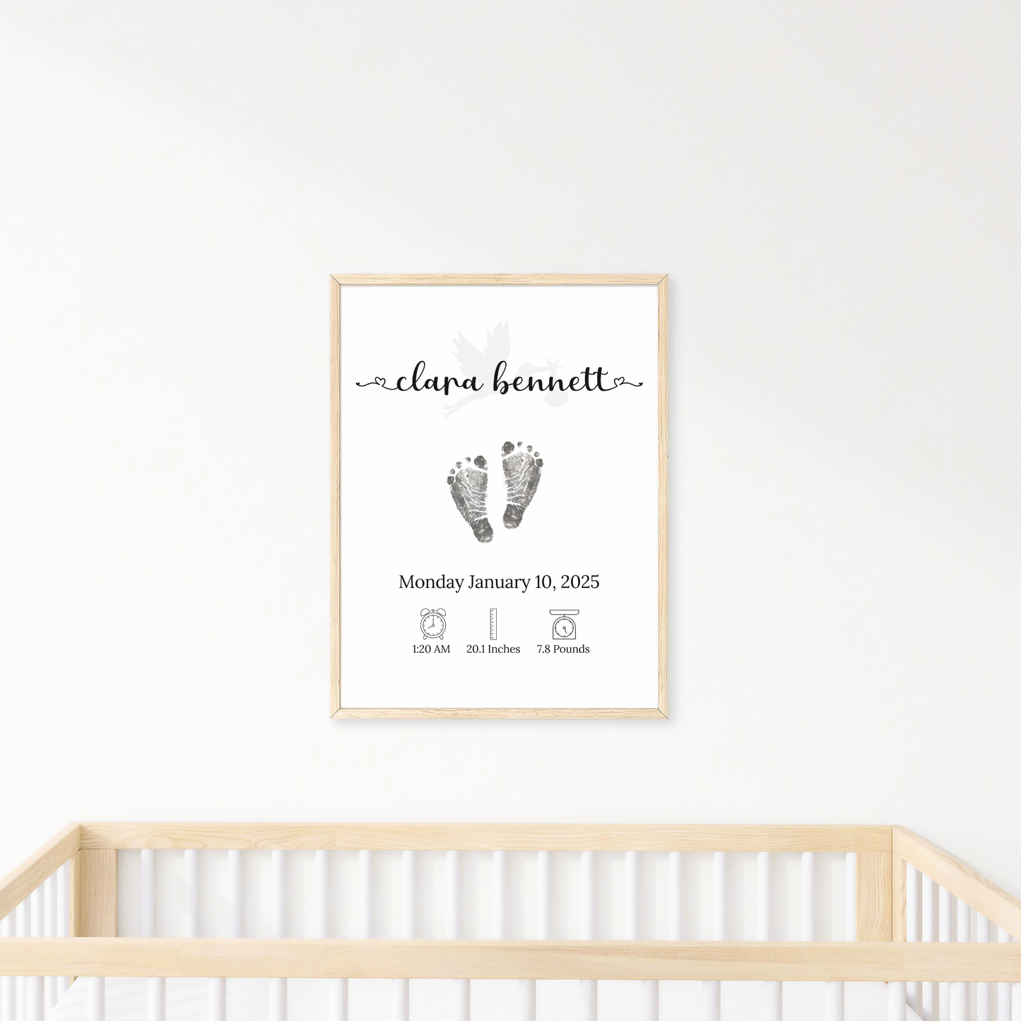 Personalized Baby Birth Announcement Printable, Newborn Footprint DIY Nursery Wall Art