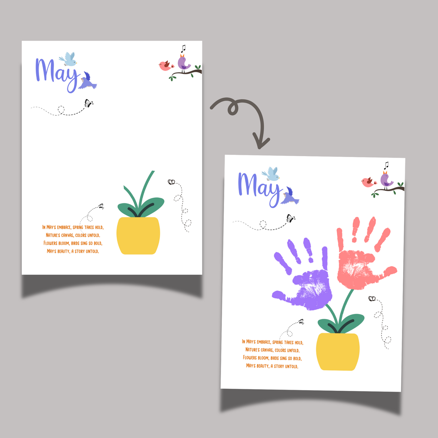 May Handprint Footprint Crafts Printable, DIY Art Kids Preschool Activity, DIY Spring Monthly Keepsakes for Baby Toddler PreK Kindergarten