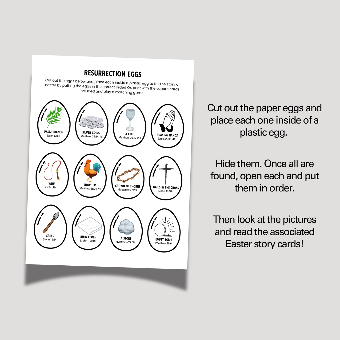 Easter Story Resurrection Eggs Printable For Kids, Holy Week Cards Scavenger Hunt Palm Sunday Religious Advent Game Activity