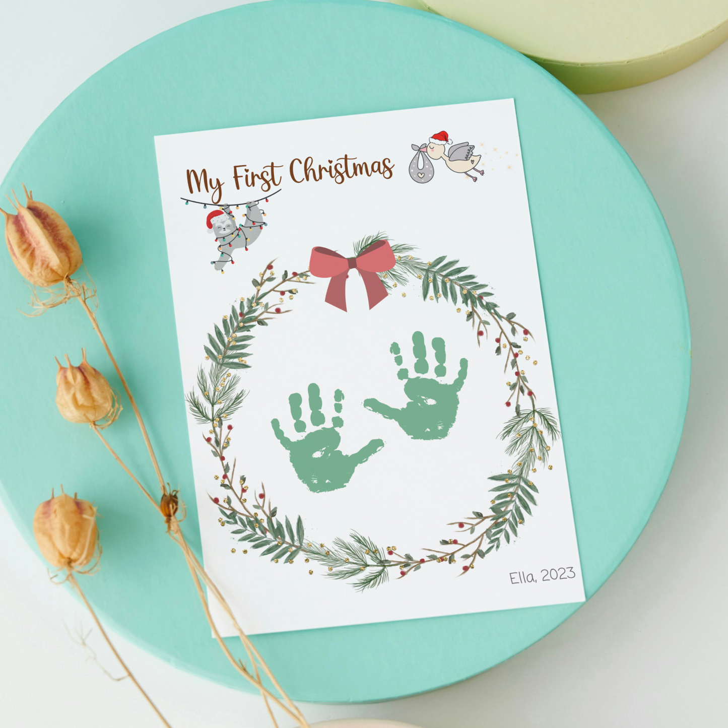 First Christmas Handprint Footprint Craft Printable, DIY Holiday Art