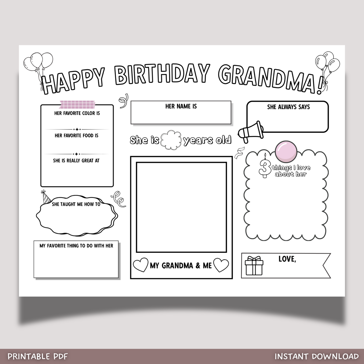 Happy Birthday Grandma Coloring Page Printable, DIY Gift from Kids All About Grandmother