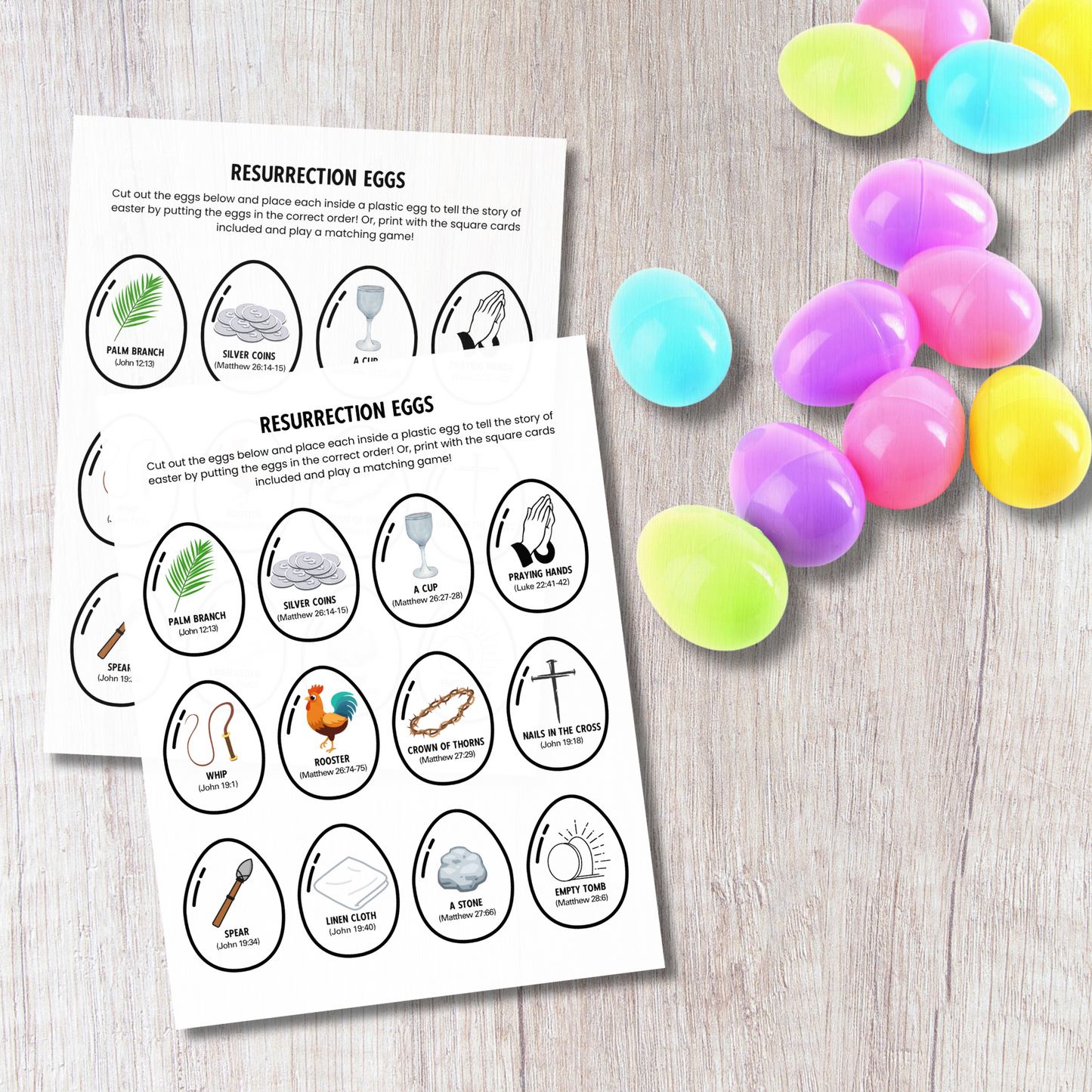 Easter Story Resurrection Eggs Printable For Kids, Holy Week Cards Scavenger Hunt Palm Sunday Religious Advent Game Activity