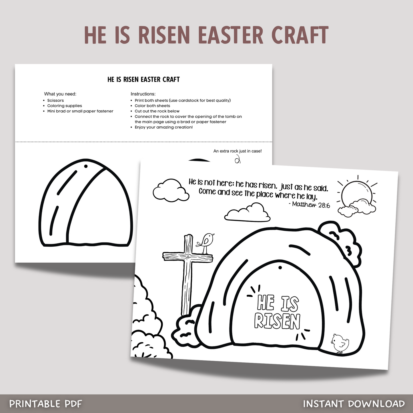He is Risen Easter Coloring Craft Printable, Christian Religious Education For Kids Homeschool Activity Empty Tomb