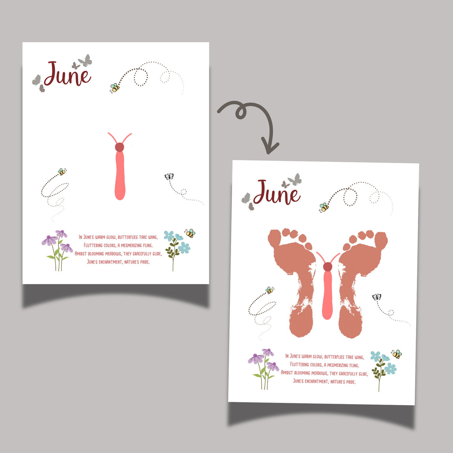 June Handprint Footprint Crafts Printable, DIY Art Kids Preschool Activity, DIY Summer Monthly Keepsakes for Baby Toddler PreK Kindergarten