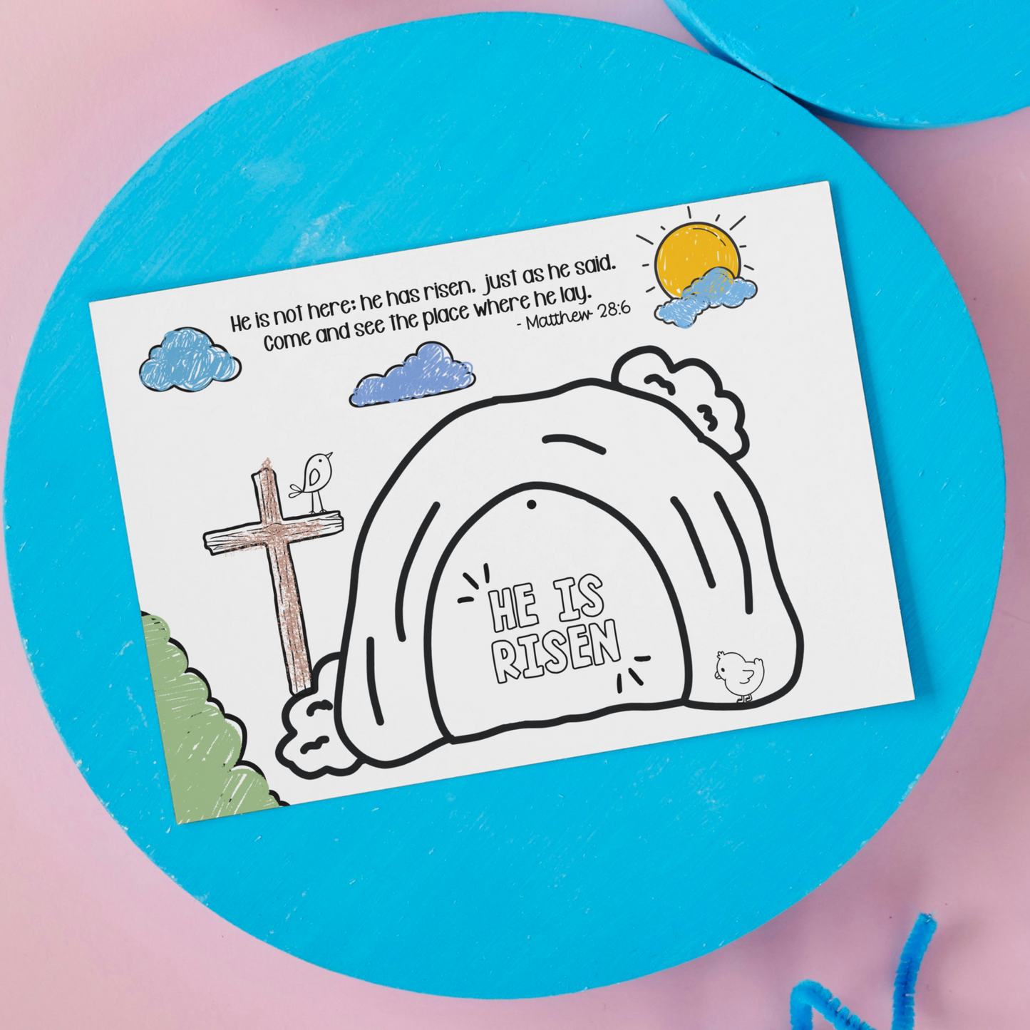 He is Risen Easter Coloring Craft Printable, Christian Religious Education For Kids Homeschool Activity Empty Tomb