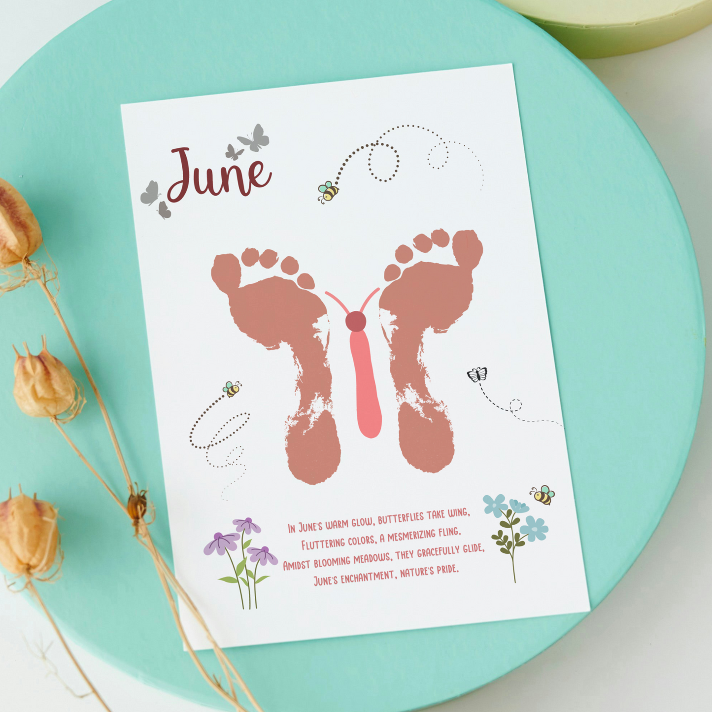 June Handprint Footprint Crafts Printable, DIY Art Kids Preschool Activity, DIY Summer Monthly Keepsakes for Baby Toddler PreK Kindergarten
