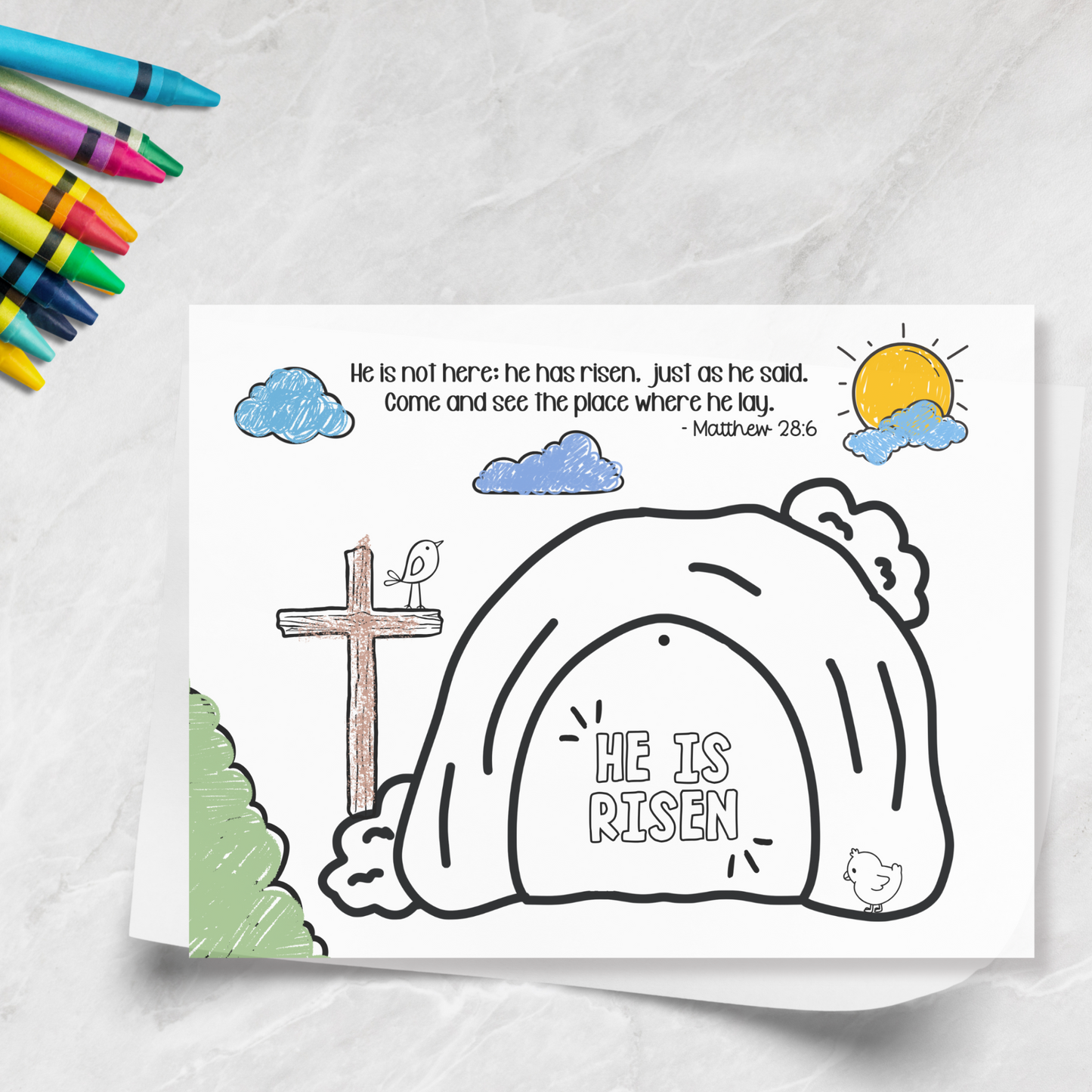 He is Risen Easter Coloring Craft Printable, Christian Religious Education For Kids Homeschool Activity Empty Tomb