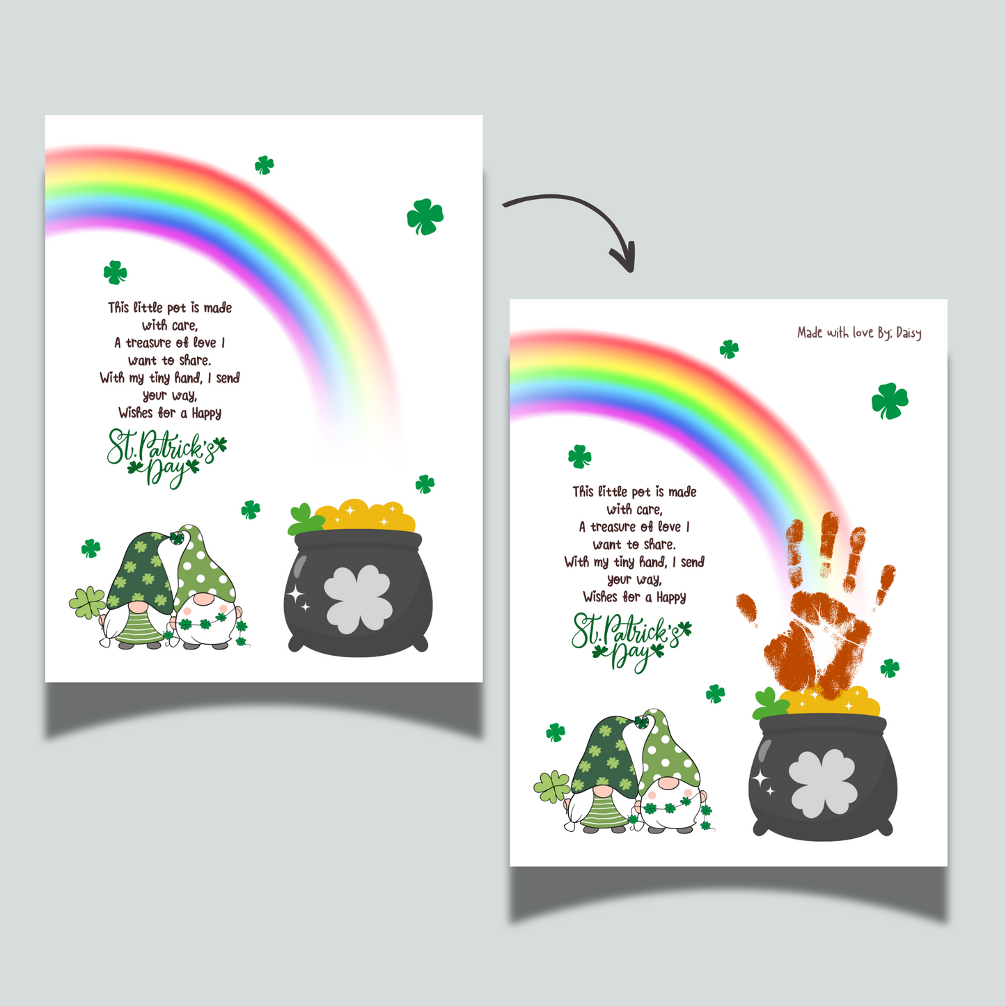 St Patricks Day Pot of Gold Poem Handprint Craft Printable, DIY Art Keepsake for Kids Baby Toddler Activity Preschool Daycare Kindergarten