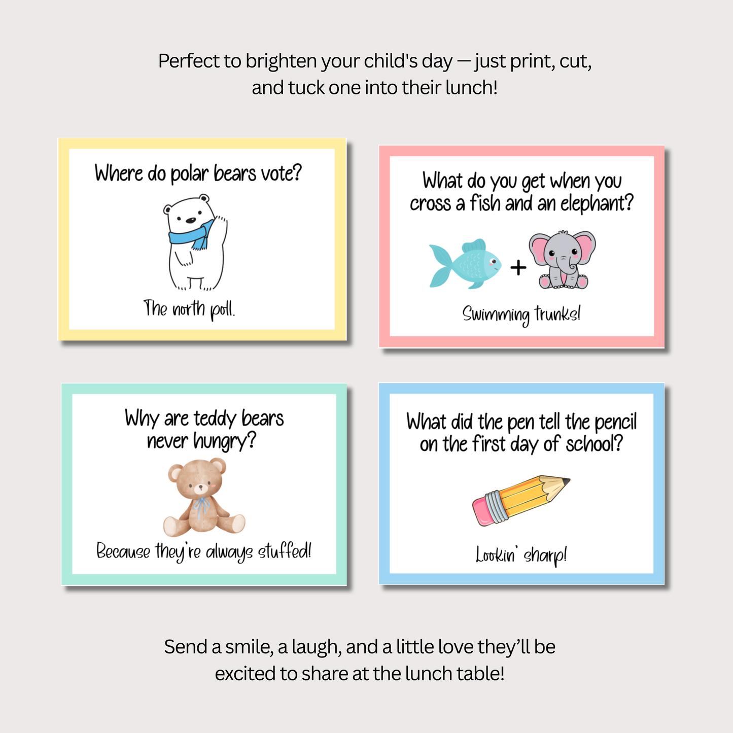 Lunchbox Jokes Cards for Kids Printable, Funny Lunch Box Notes