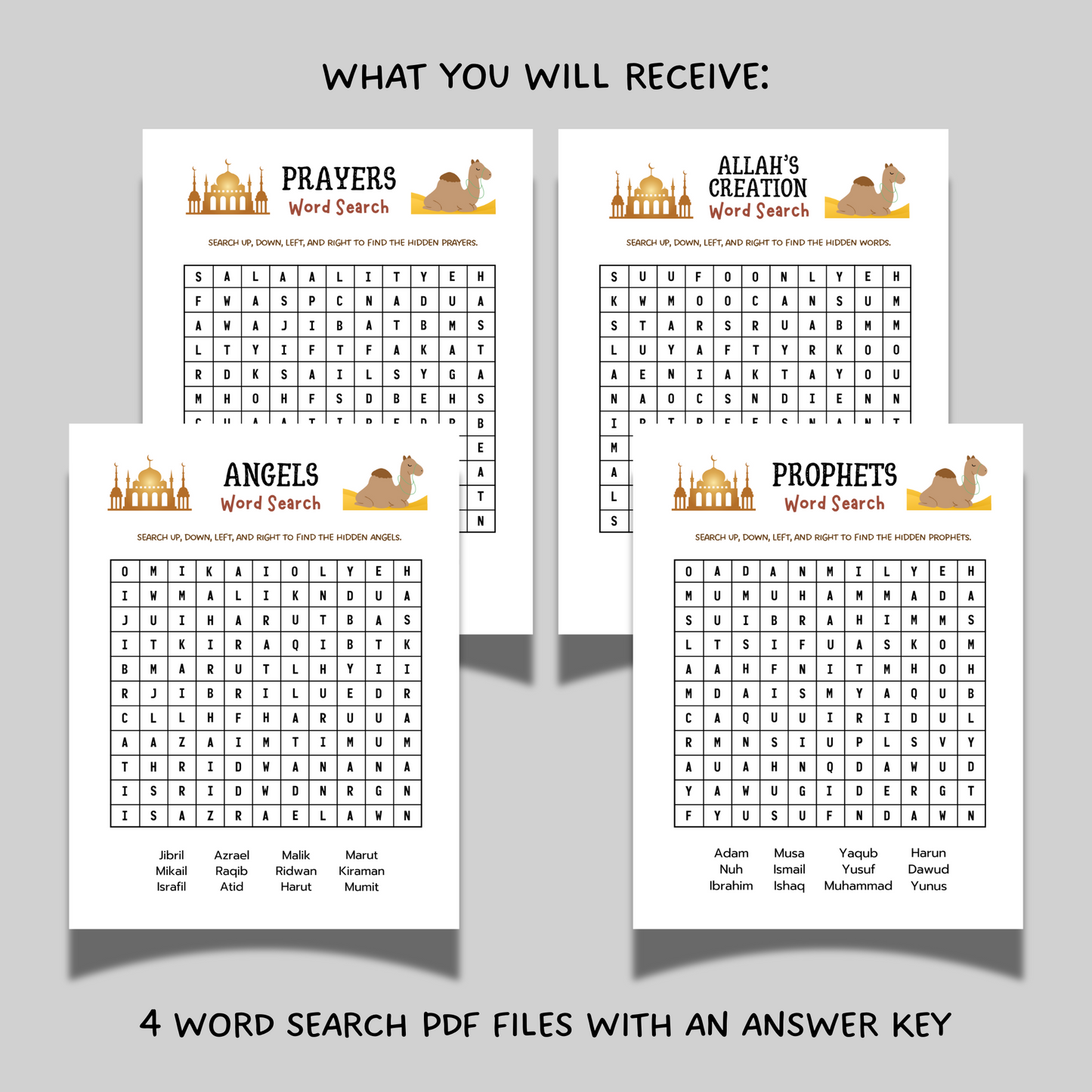 Islamic Word Search Printable Activity for Kids, Educational Games Wordsearch Sheets Angels Prophets Prayer Ramadan Eid Gift Ideas Children