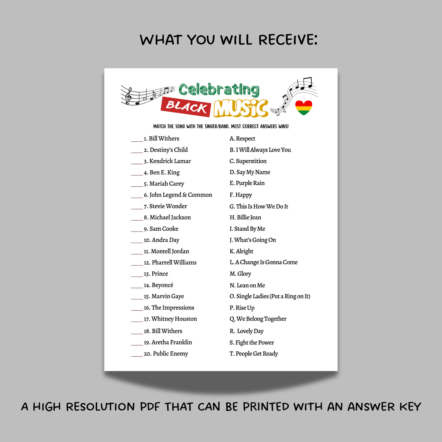 Black History Month Music Trivia Game Printable African American Party Activity