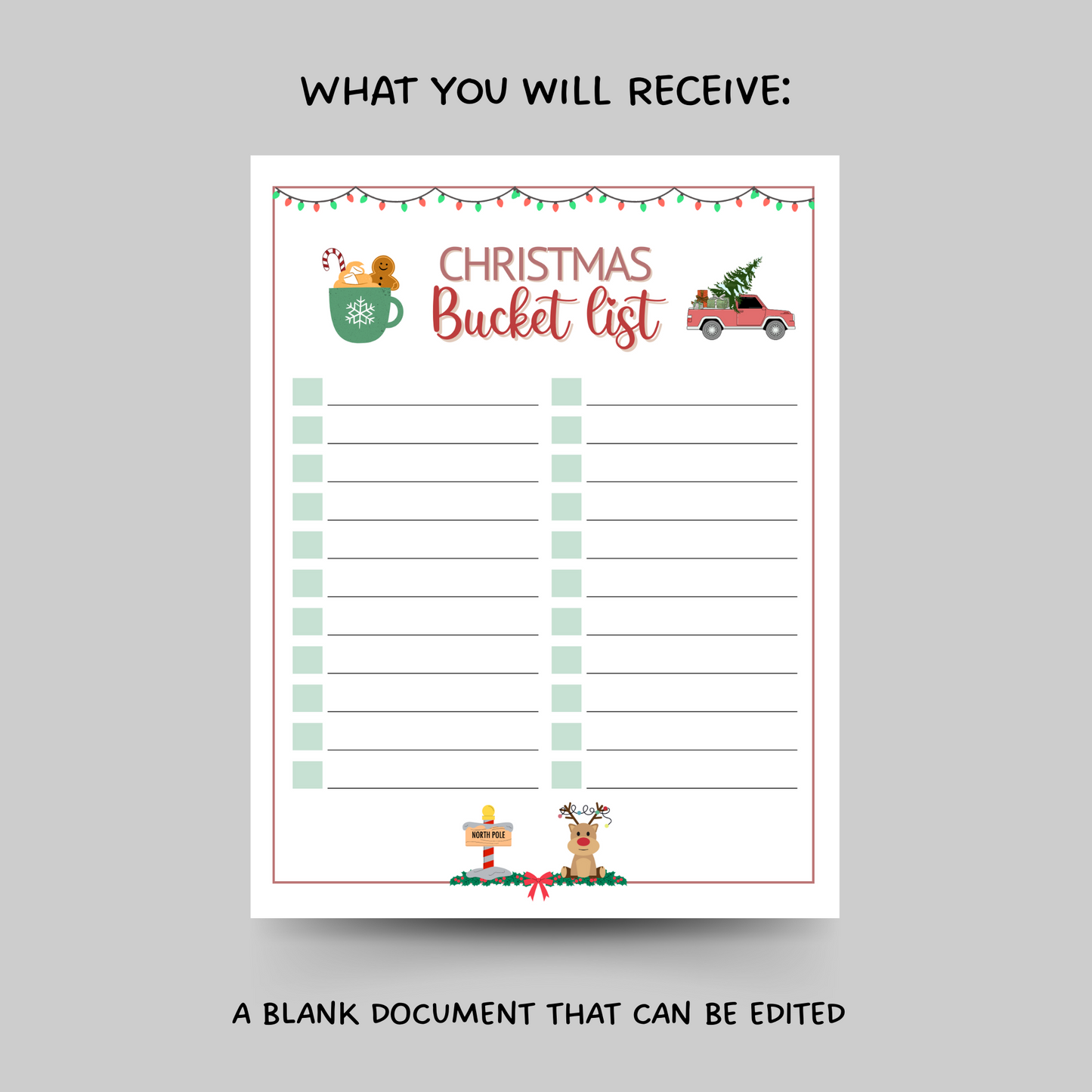 Christmas Bucket List Editable & Printable, Xmas Holiday Family Activity