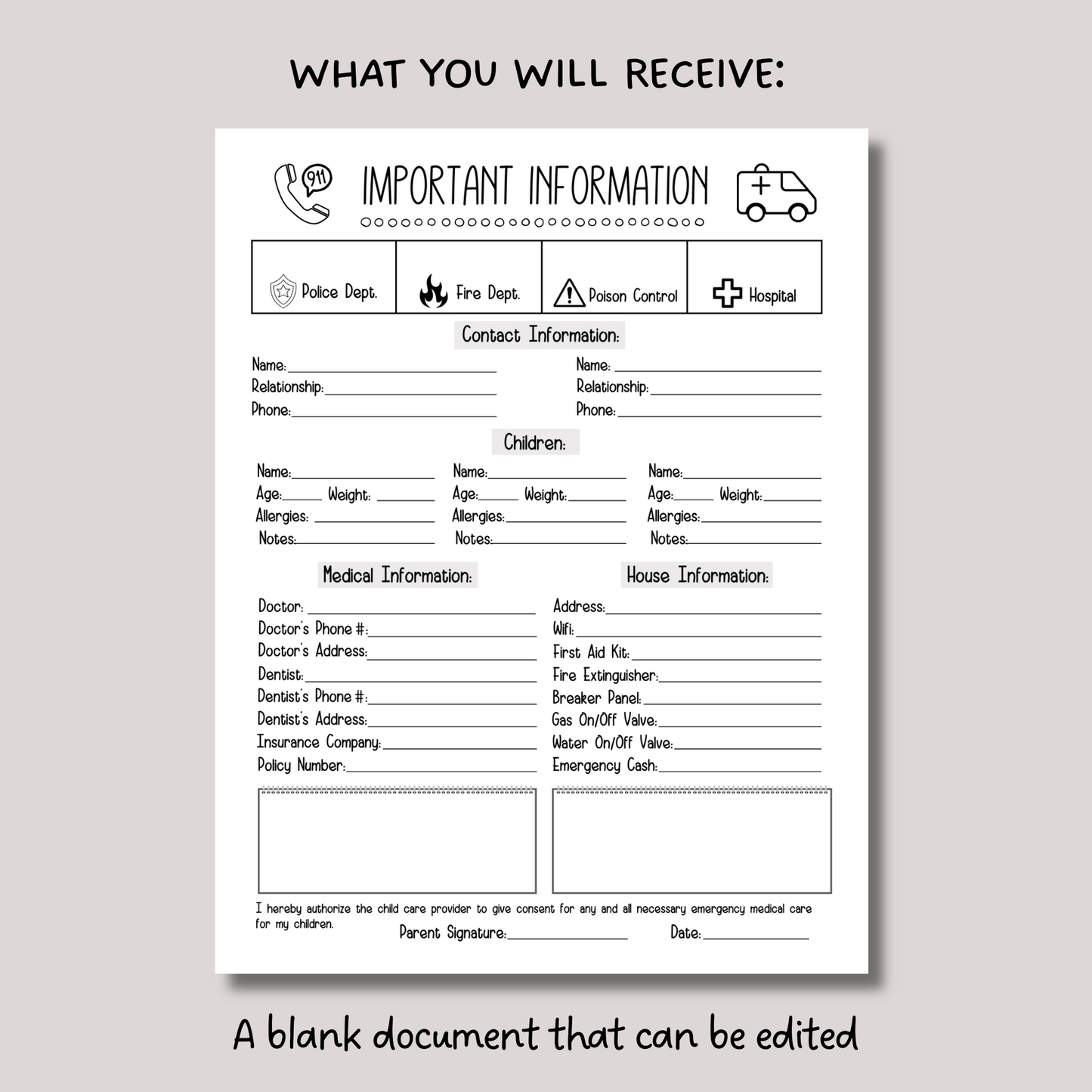 Emergency Contact Information Sheet Editable, Babysitter Info Sheet Printable