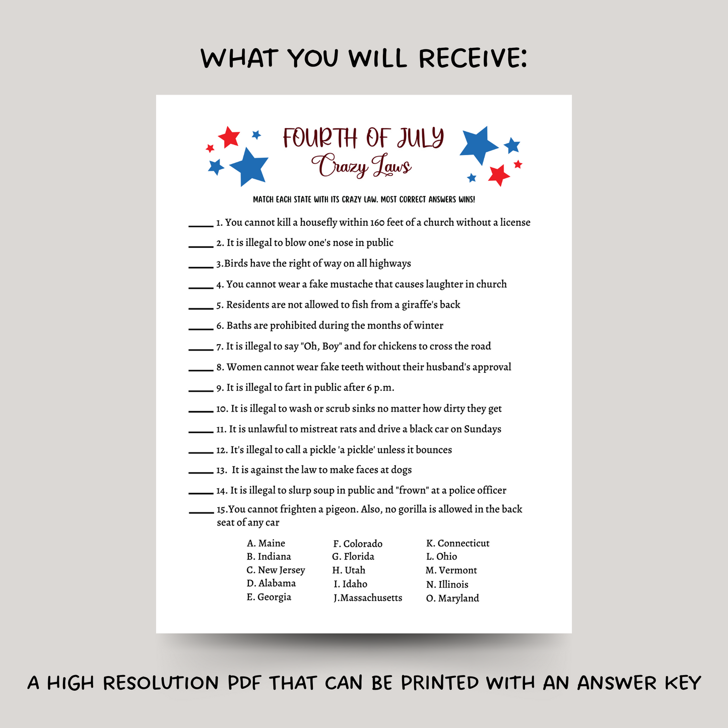 4th of July Crazy Laws Game Printable, Family Trivia Activity Adults & Kids