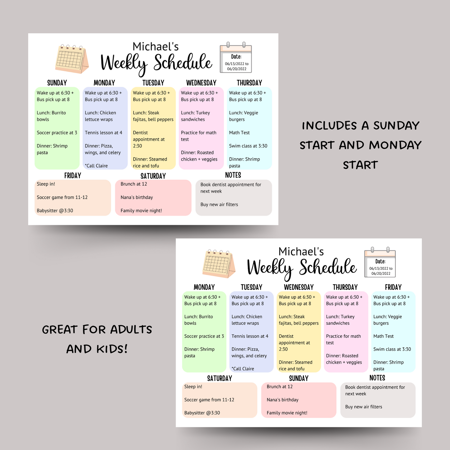 Kids Weekly Planner Printable, Editable Weekly Schedule Chart