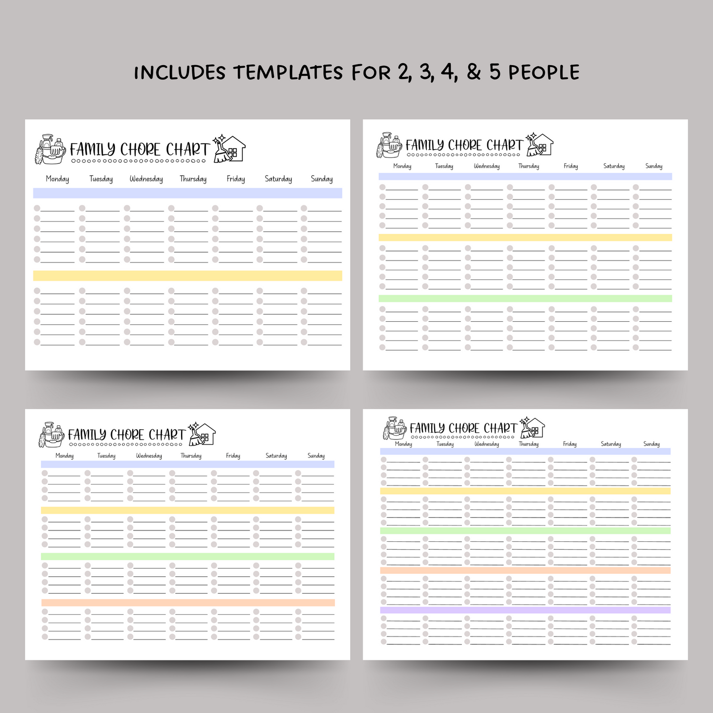 Family Chore Chart Printable, Editable Weekly Household Calendar Schedule