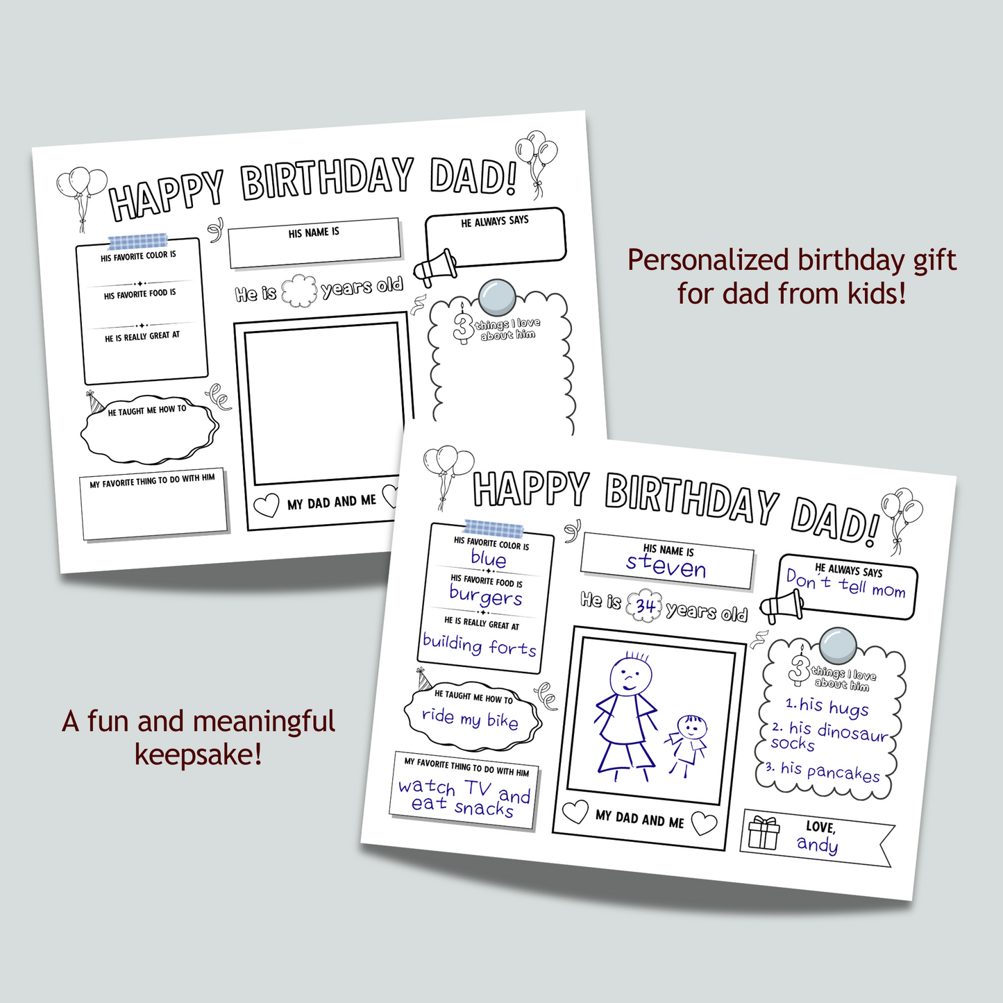 Happy Birthday Dad Coloring Page Printable, DIY Personalized Gift from Kids All About Daddy Card Placemat Activity Sheet Father