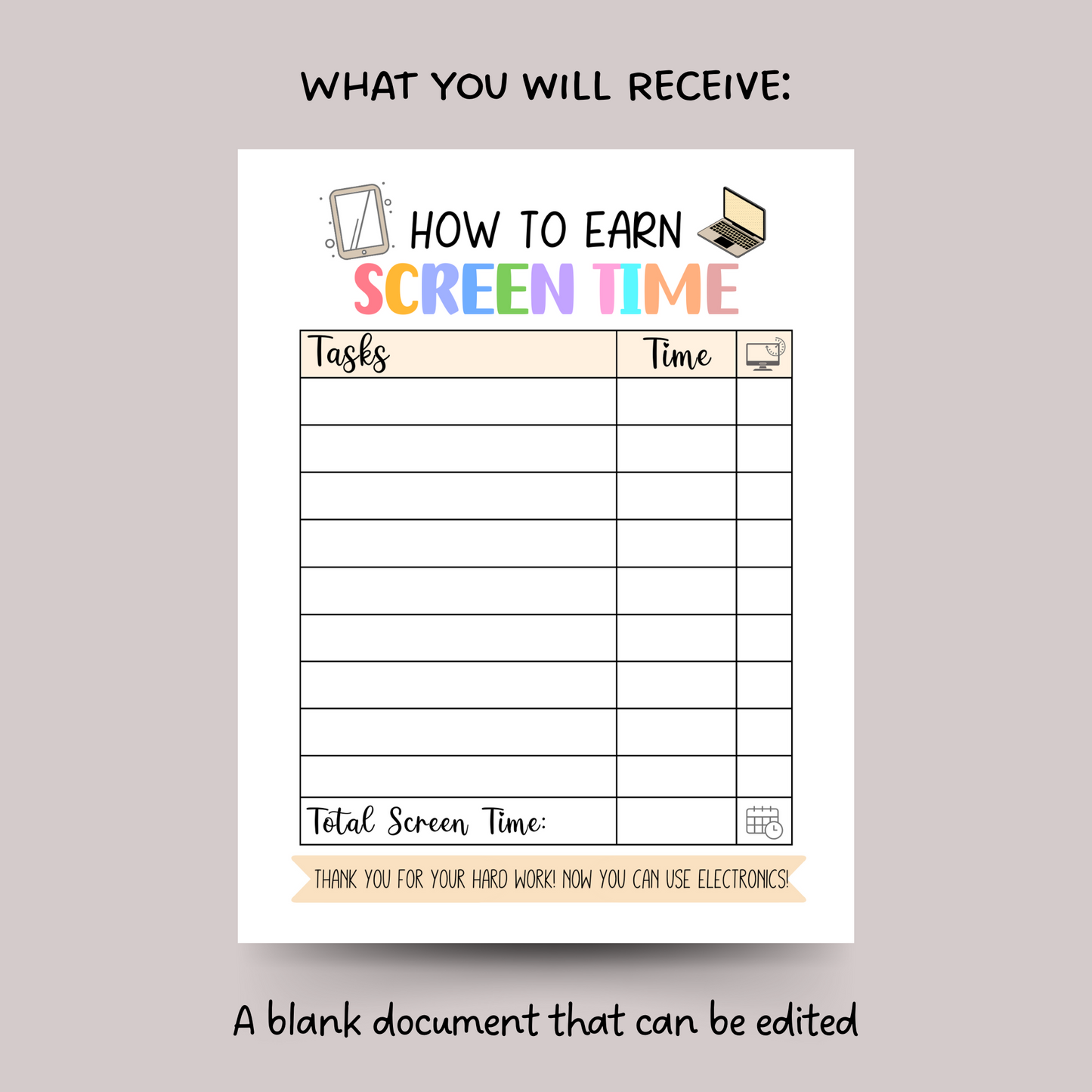 Screentime Chart Checklist Kids Printable, Editable Chore Chart Tracker