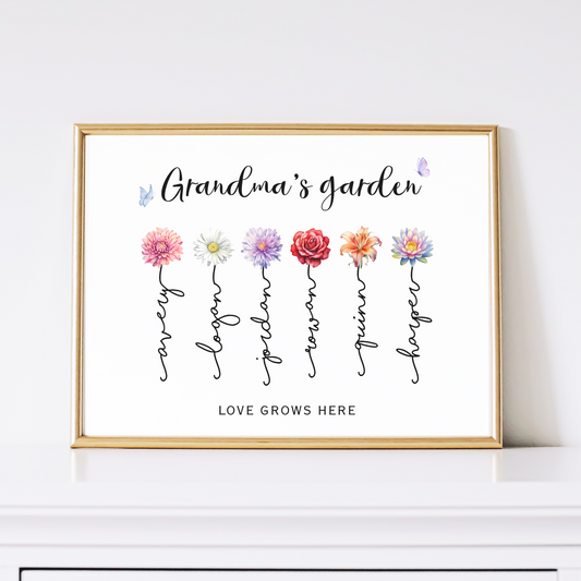 Personalized Gift for Grandma Printable, Custom Birth Month Flower Family Name Sign