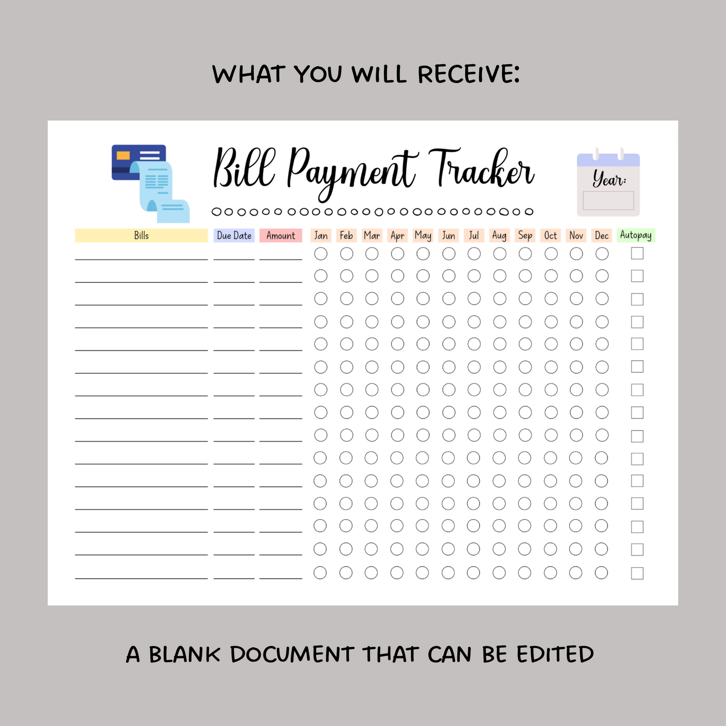 Editable Yearly Bill Tracker, Printable Monthly Bill Planner Payment Log