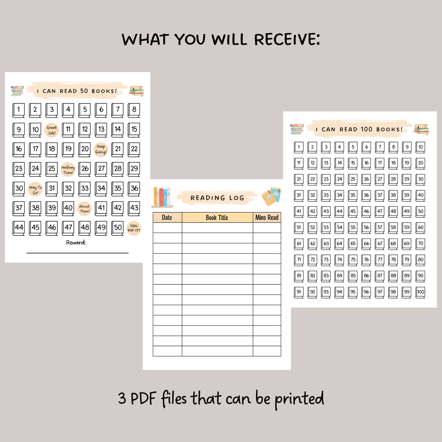 Printable Reading Chart Kids, Reading Log Tracker 50 & 100 Books