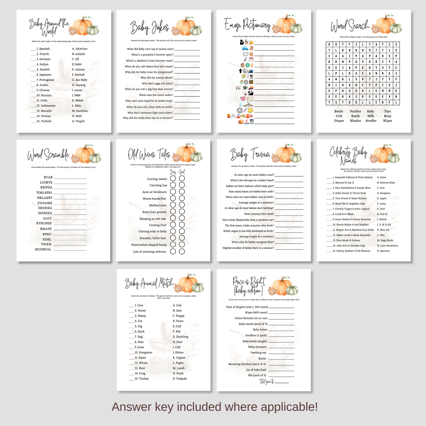 Pumpkin Baby Shower Games Printable, Fall Party Activity