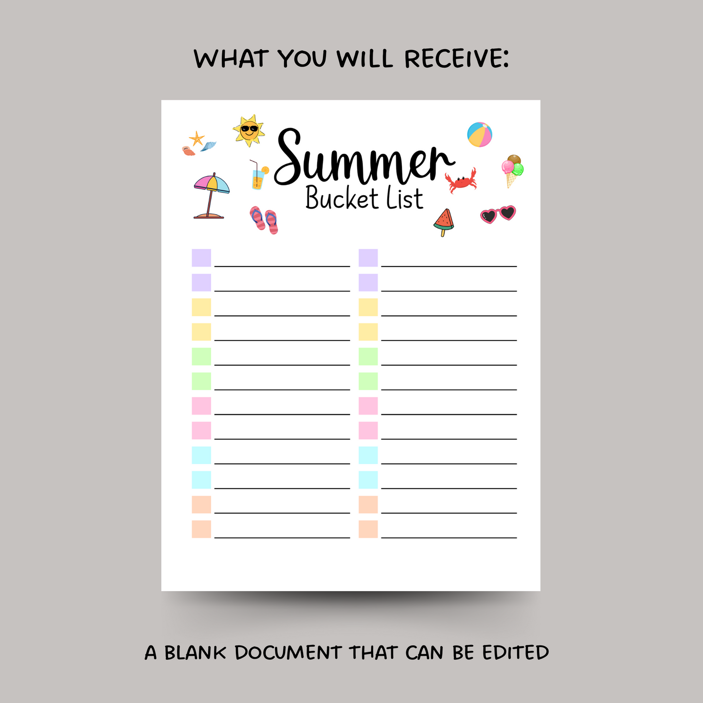 Summer Bucket List Printable, Editable Activities For Kids