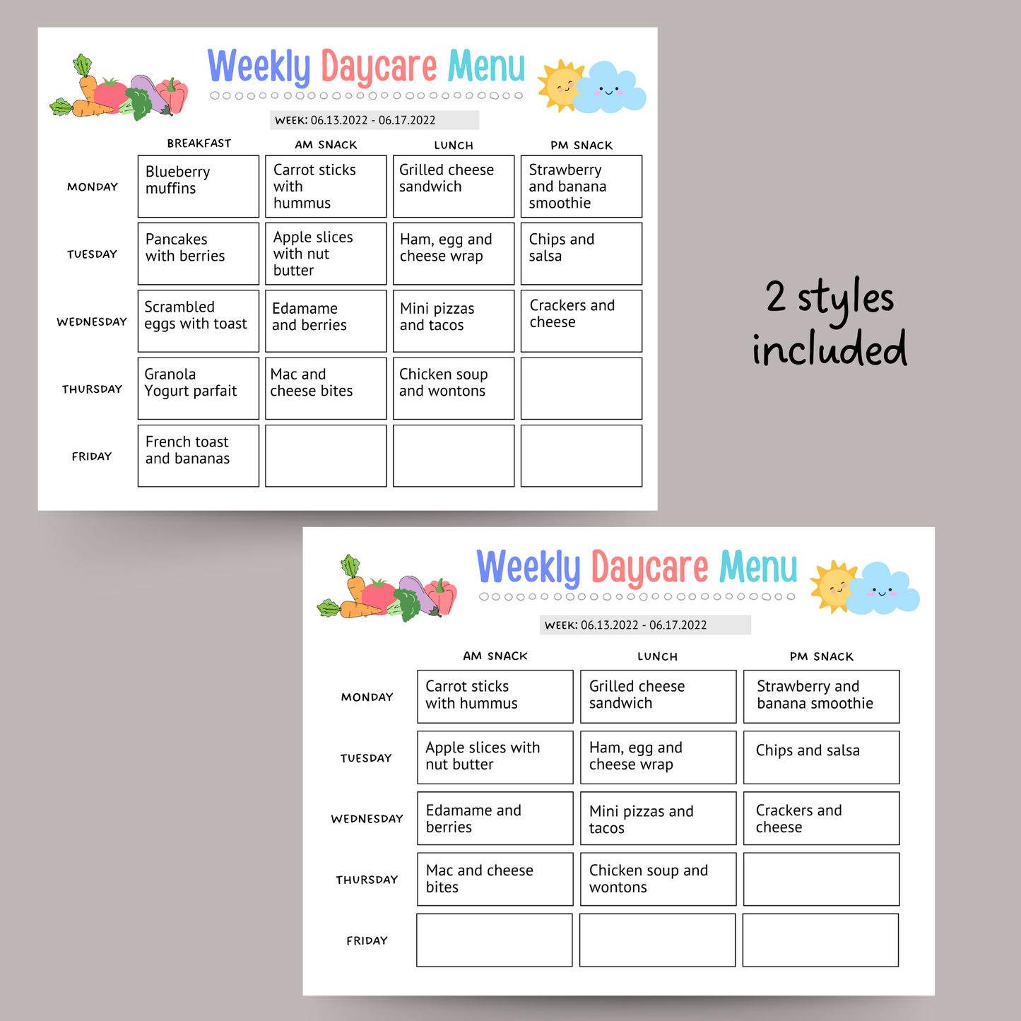 Daycare Weekly Menu Printable, Editable Meal Planner