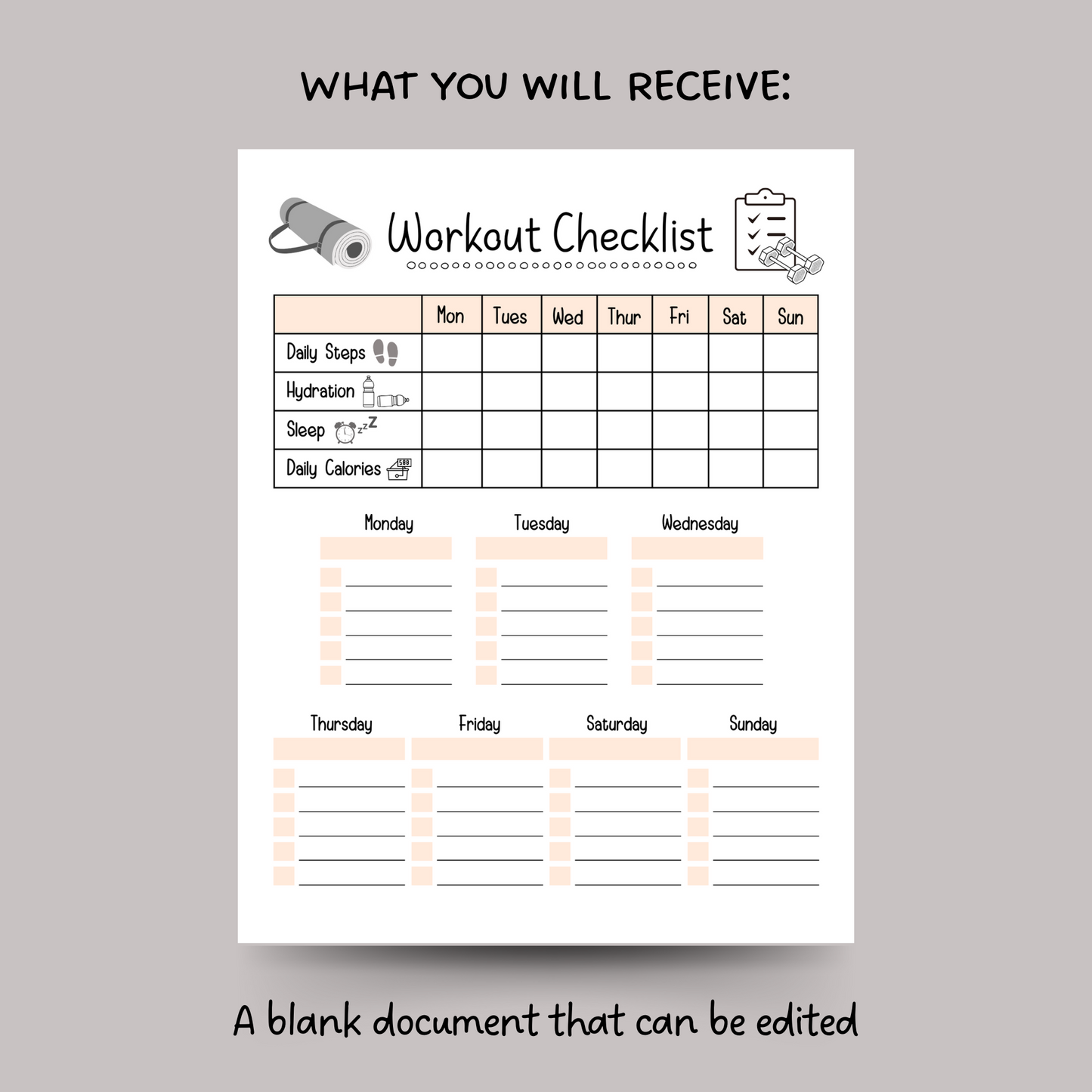 Editable Workout Checklist, Printable Daily Exercise Gym Log Planner
