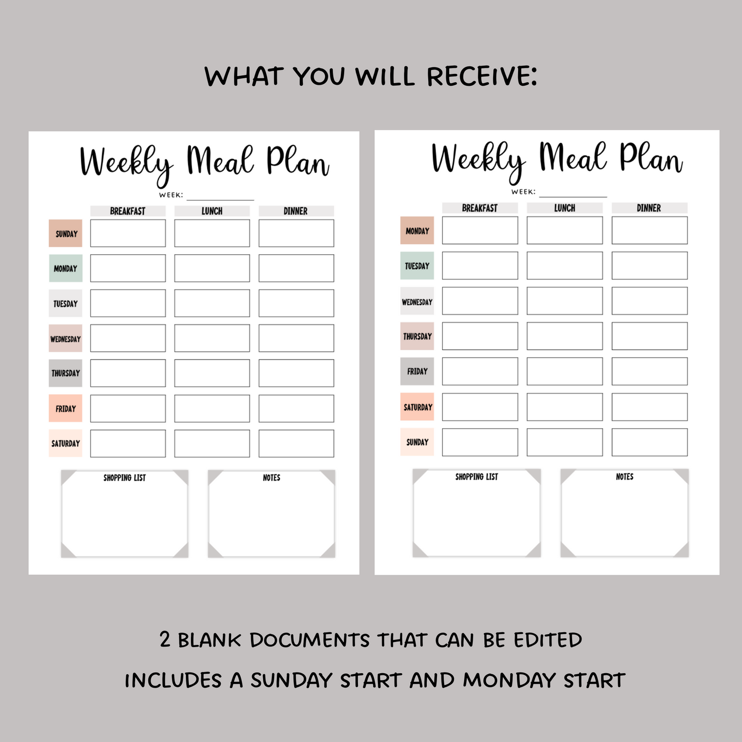 Printable Weekly Meal Planner, Editable Family Menu Digital Planner