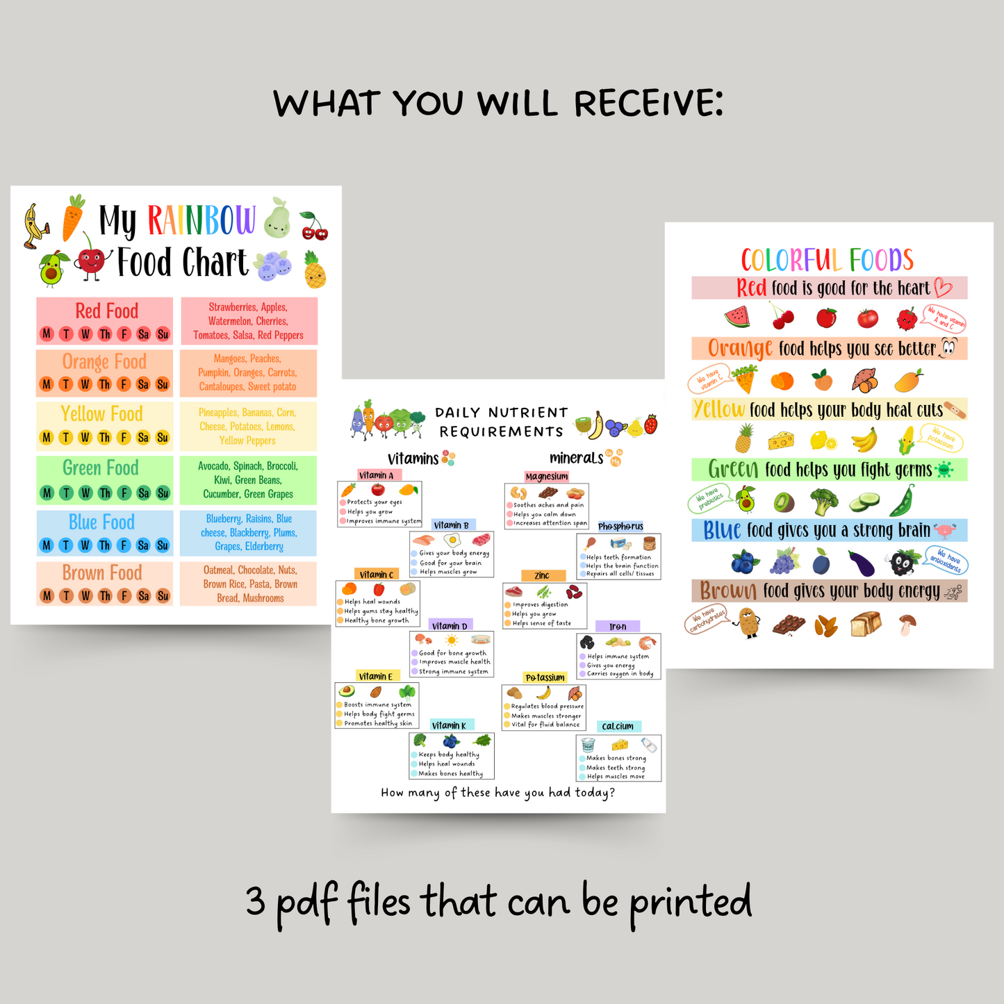 Kids Food Nutrition Chart Printable Bundle, Healthy Food Educational Poster, Eat The Rainbow Checklist