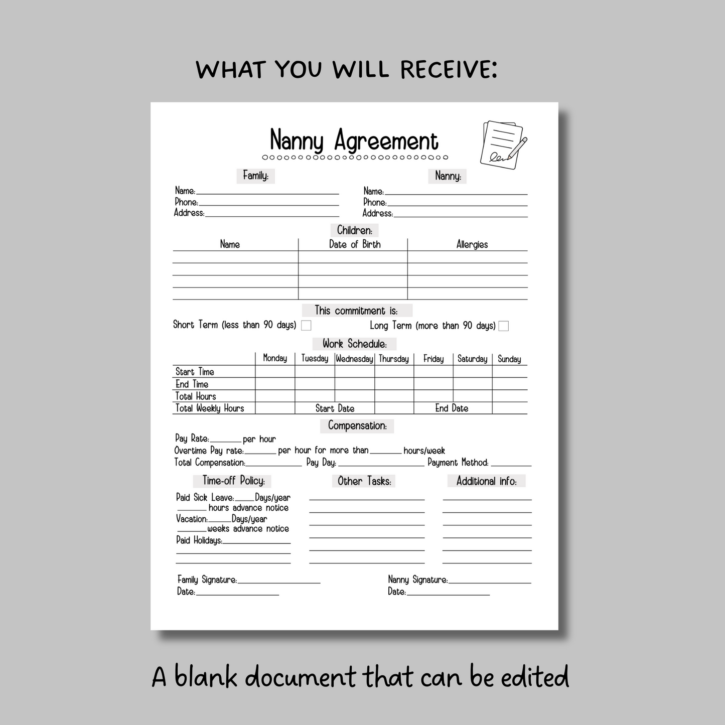 Nanny Agreement Worksheet Editable, Printable Babysitter Contract