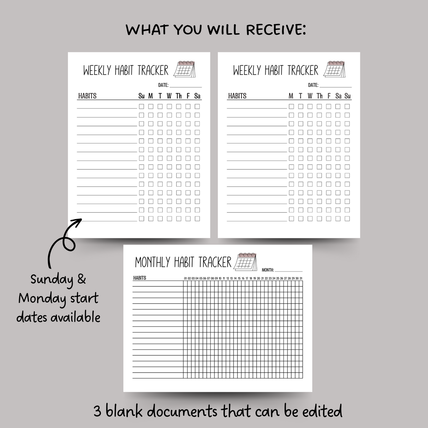 Habit Tracker Printable, Editable Monthly Weekly Daily Goal Planner Template